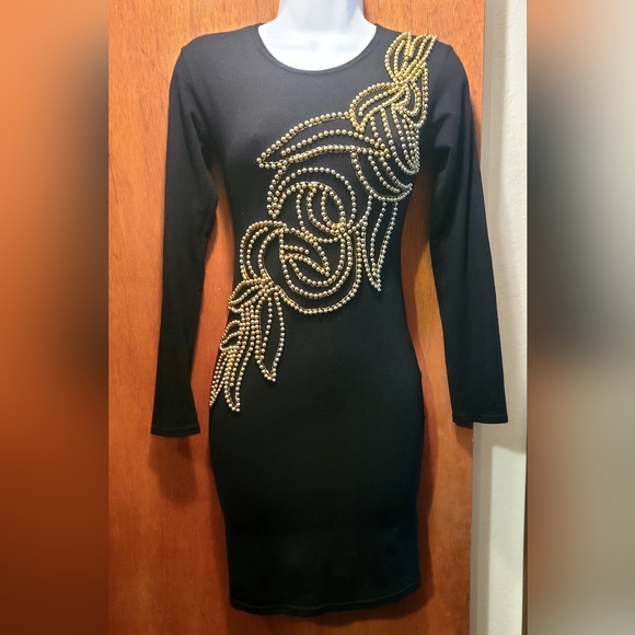 STUNNING lux stretchy black dress with gold beaded embroidery by Taris Stars szM - Picture 6 of 8